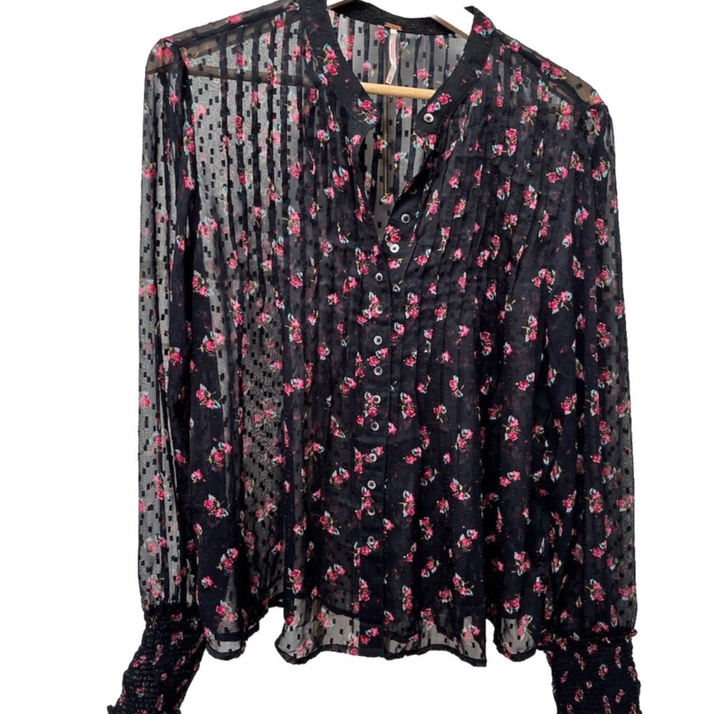 Free People Black and Pink Floral Blouse